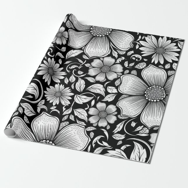 Chic Monochrome Floral Luxury Pattern (6) Wrapping Paper (Unrolled)