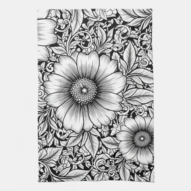 Chic Monochrome Floral Luxury Pattern (7) Kitchen Towel (Vertical)