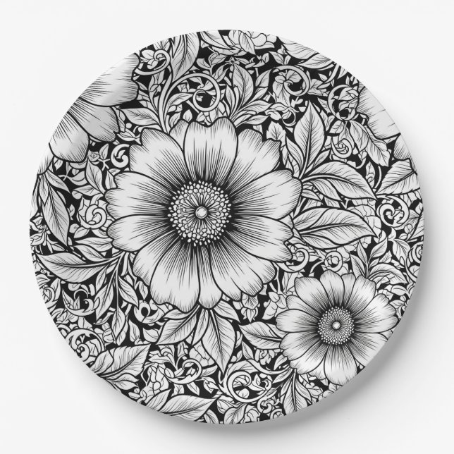 Chic Monochrome Floral Luxury Pattern (7) Paper Plates (Front)