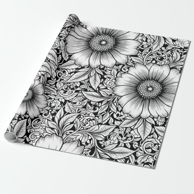 Chic Monochrome Floral Luxury Pattern (7) Wrapping Paper (Unrolled)