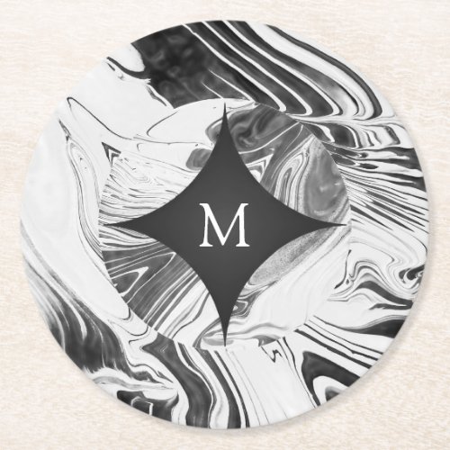 Chic Monochrome Marbling Abstract Monogram Round Paper Coaster