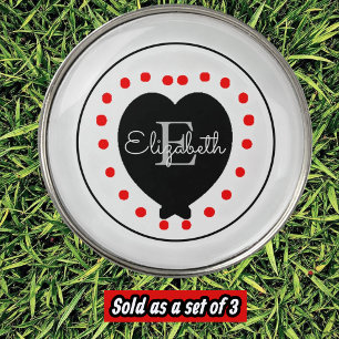 Chic Monogram and Name Black Red Heart Custom Golf Ball Marker