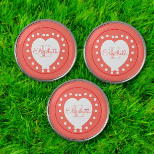 Chic Monogram and Name Orange White Heart Custom Golf Ball Marker
