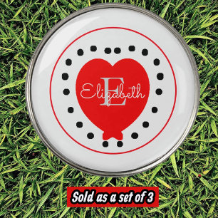 Chic Monogram and Name Red Black Heart Custom  Golf Ball Marker
