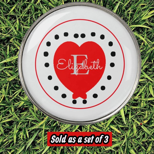 Chic Monogram and Name Red Black Heart Custom  Golf Ball Marker (red heart monogram and name template golf ball marker)