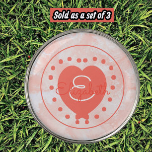 Chic Monogram and Name White Orange Heart Custom  Golf Ball Marker