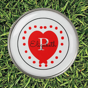 Chic Monogram and Name White Red Heart Custom Golf Ball Marker