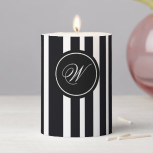 Chic Monogram Black And White Striped Art Form Pillar Candle