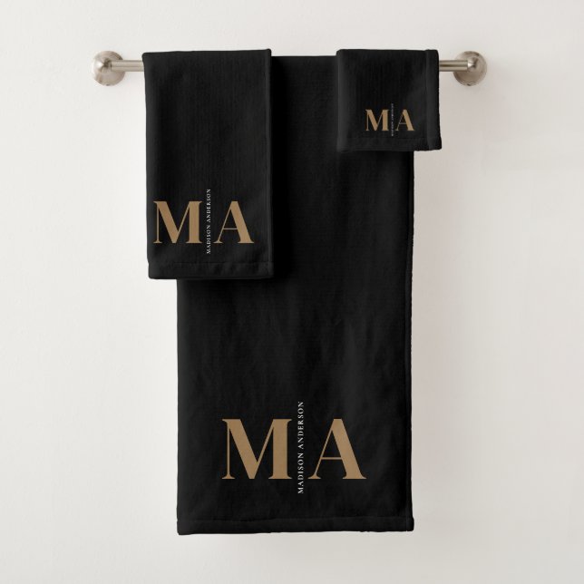 Chic Monogram Black Gold Name Bath Towel Set (Insitu)
