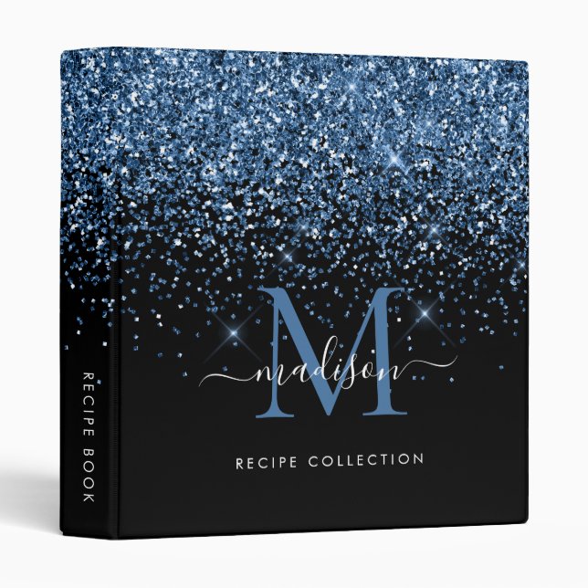 Chic Monogram Black Navy Blue Glam Glitter Recipe 3 Ring Binder (Front/Spine)