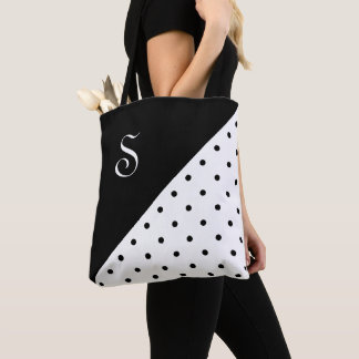 Chic Monogram Black White Polka Dot Geometric Tote Bag