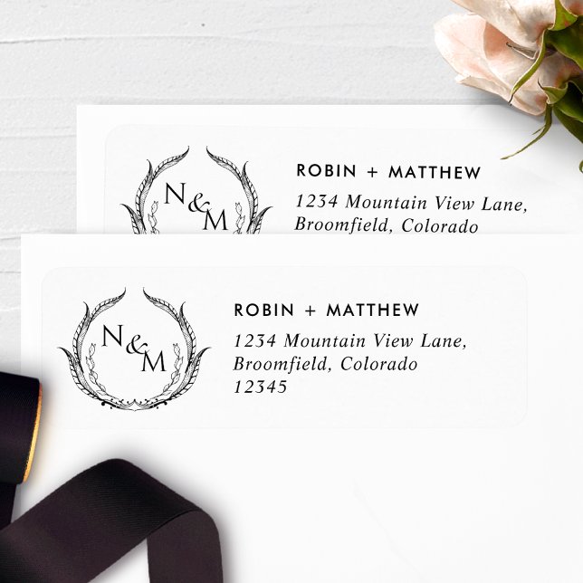 Chic Monogram Black White Wedding Return Address Label (Creator Uploaded)