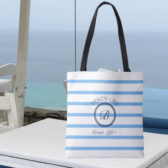 Chic Monogram Blue and White Striped Beach Life Tote Bag (Creator Uploaded)