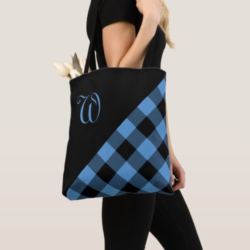 Chic Monogram Blue Black Buffalo Check Geometric Tote Bag