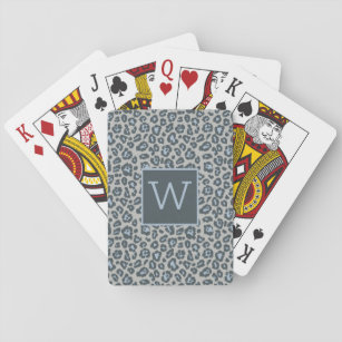 Chic Monogram Blue Gray Leopard Print Pattern Playing Cards