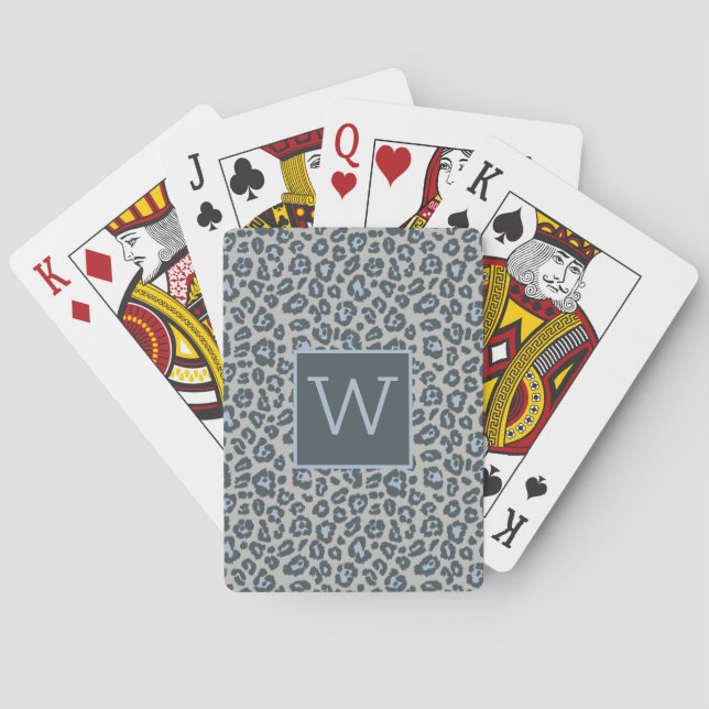 Chic Monogram Blue Gray Leopard Print Pattern Poker Cards (Back)