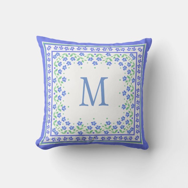 Chic Monogram Blue Periwinkles Floral Border Throw Pillow (Front)
