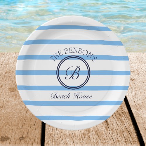 Chic Monogram Blue Stripes Family Beach House Paper Plates