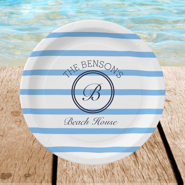 Chic Monogram Blue Stripes Family Beach House Paper Plates (Creator Uploaded)