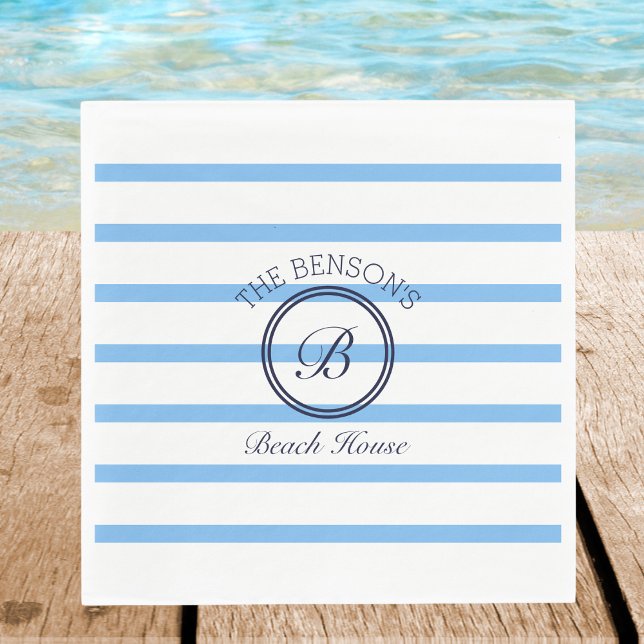 Chic Monogram Blue Stripes Family Name Beach House Napkins (Creator Uploaded)