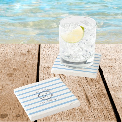 Chic Monogram Blue Stripes Family Name Beach House Stone Coaster