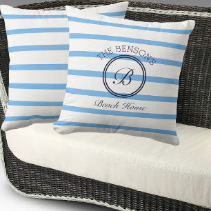 Chic Monogram Blue Stripes Family Name Beach House Throw Pillow