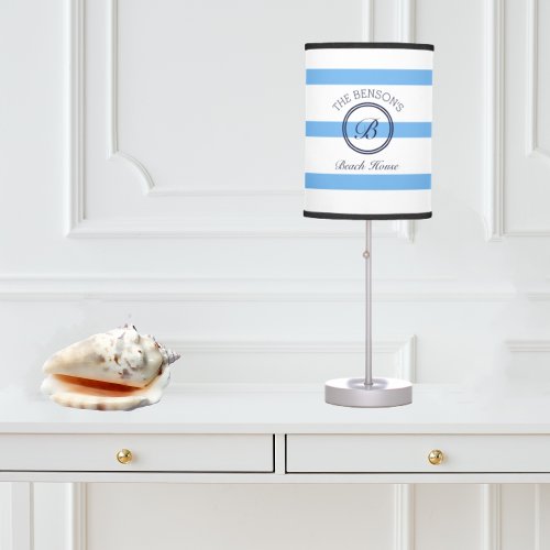 Chic Monogram Blue Stripes Nautical Beach House Table Lamp