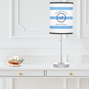 Chic Monogram Blue Stripes Nautical Beach House Table Lamp