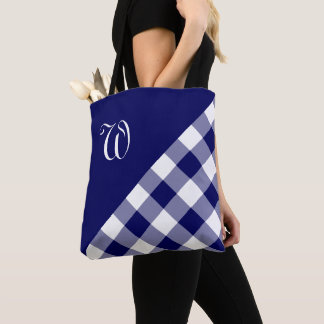 Chic Monogram Blue White Buffalo Check Geometric Tote Bag