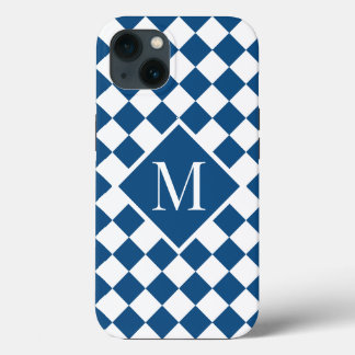 Chic Monogram Blue White Checkered Pattern iPhone 13 Case
