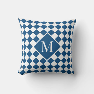 Chic Monogram Blue White Checkered Pattern Throw Pillow