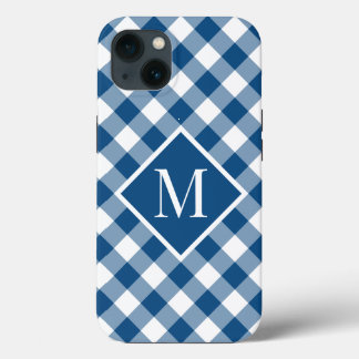 Chic Monogram Blue White Gingham Check Pattern iPhone 13 Case