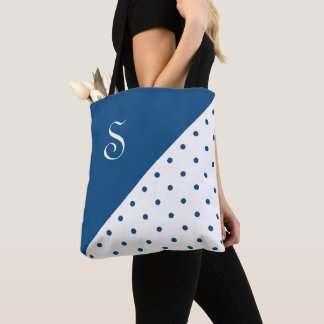 Chic Monogram Blue White Polka Dot Geometric Tote Bag