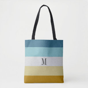 Chic Monogram Blue Yellow White Leather Stripe Tote Bag