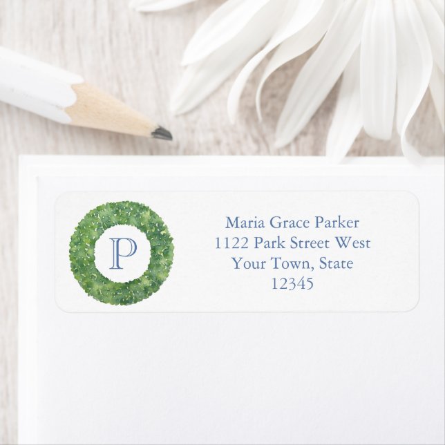 Chic Monogram Boxwood Wreath Return Address Label (Insitu)