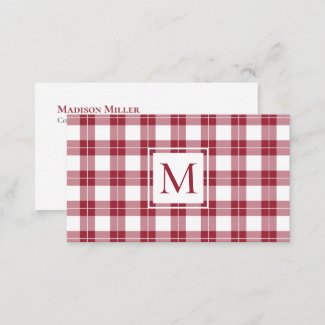 Chic Monogram Burgundy and White Plaid Pattern Business Card