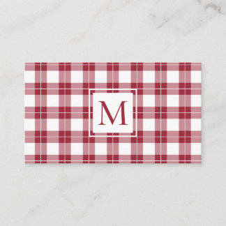 Chic Monogram Burgundy and White Plaid Pattern Business Card
