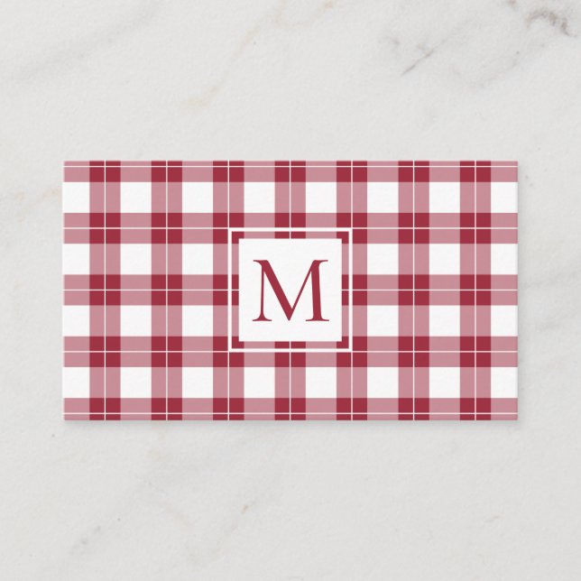 Chic Monogram Burgundy and White Plaid Pattern Business Card (Front)