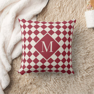 Chic Monogram Burgundy Red Cream Checkered Pattern Throw Pillow