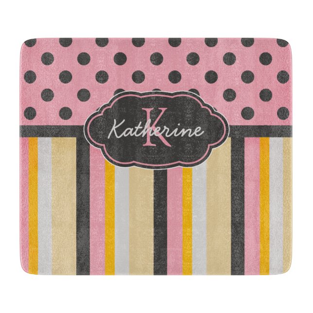Chic Monogram Chalkboard Stripes and Polka Dots Cutting Board (Front)