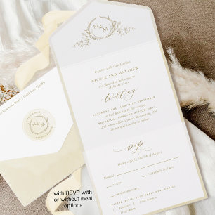 Chic, Monogram, Champagne Cream Watercolor Wedding All In One Invitation