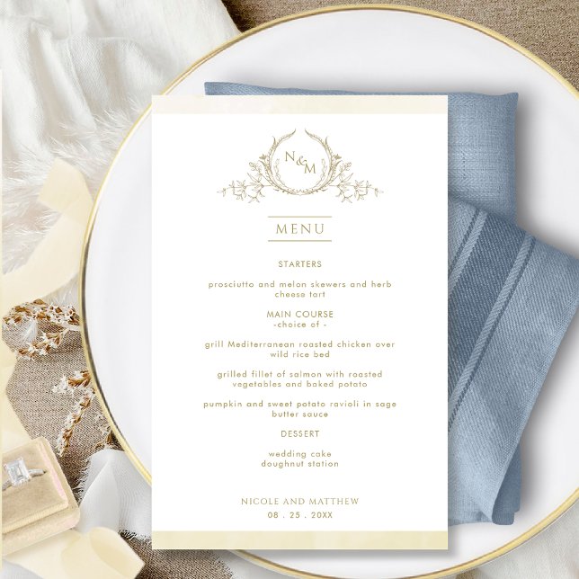 Chic Monogram Champagne Watercolor Wedding Menu (Creator Uploaded)