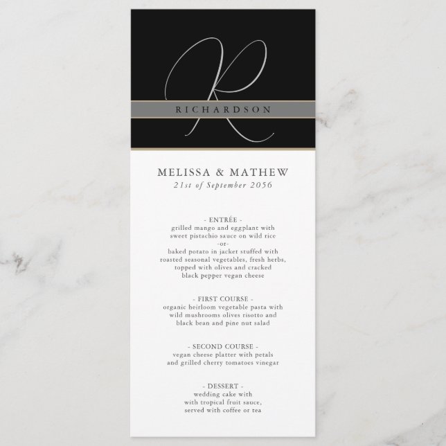 Chic Monogram Charcoal Black White Wedding Menu (Front)