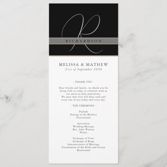 Chic Monogram Charcoal Black White Wedding Program (Front)