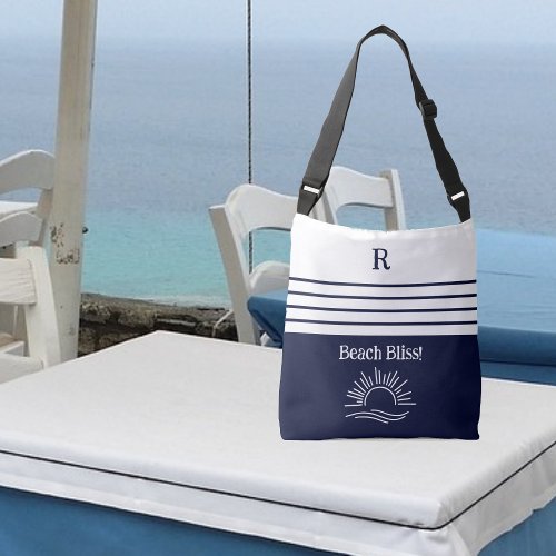 Chic Monogram Coastal Navy Blue Stripes Beach Crossbody Bag