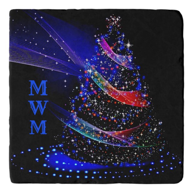 Chic Monogram Colors Glitter Christmas Tree Navy Trivet (Front)