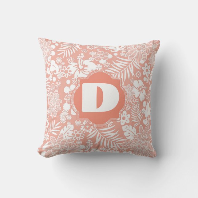 Chic Monogram coral floral Throw Pillow (Front)