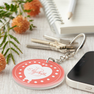 Chic Monogram Coral Girly White Heart Template Keychain