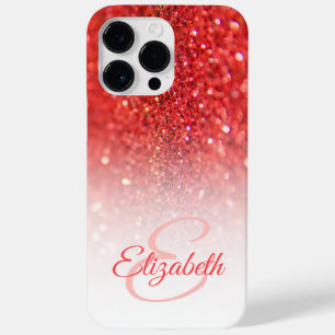 Chic Monogram Coral Glitter Ombre First Name Case-Mate iPhone 14 Pro Max Case