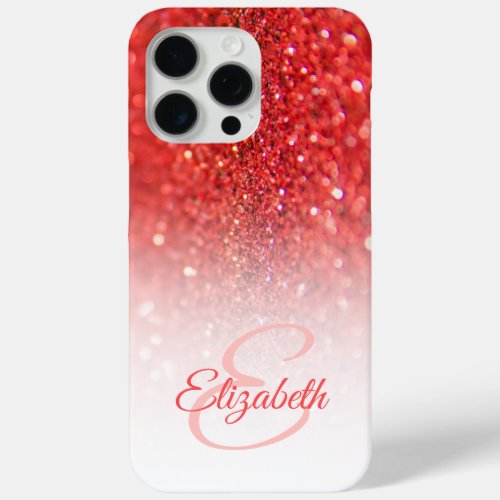 Chic Monogram Coral Glitter Ombre First Name iPhone 15 Pro Max Case